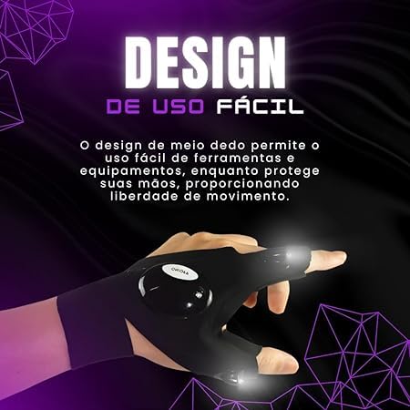 Luva Lanterna LED 2 Dedos Resistente Água Caminhada Noturna Trilhas Acampamento Ciclismo Pesca Manut