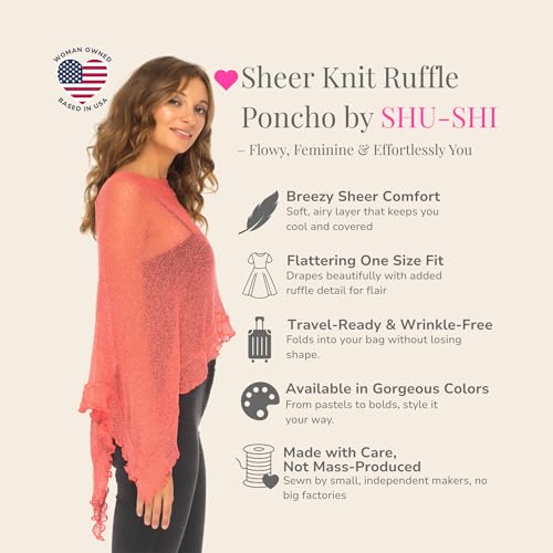 Image of SHU-SHI Women's Sheer Knit Poncho Shrug Lightweight Asymmetrical Ruffle Wrap Dressy Summer Shawl Cover Up Top