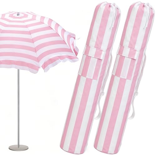 Teenyyou 2 Pcs Beach Umbrella Storage Bag Foldable Waterproof Beach Bag for Umbrellas with Wide Padded Shoulder Strap & Molded Carry Handle Summer Stripe Patio Storage Carrying Covers (Pink and White)