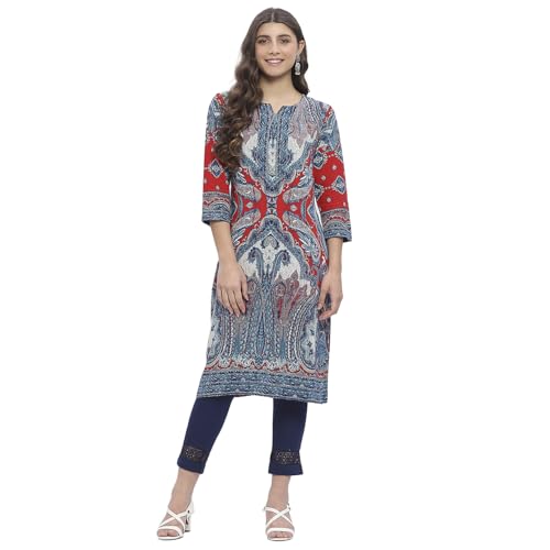 Biba Women's Red Viscose Rayon Straight Printed Kurtas_32