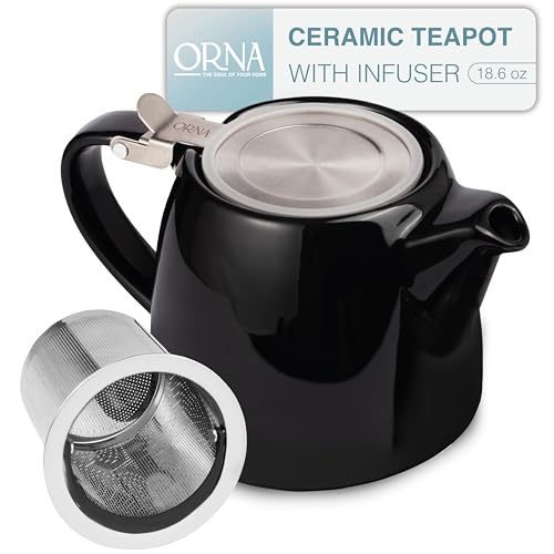 ORNA Ceramic Teapot with Tea Infuser – Small Tea Pot for Loose Leaf Tea – 550ml / 18.6 Oz Porcelain Non-Stove Teapot for 2 Cups with Tea Strainer (Black)