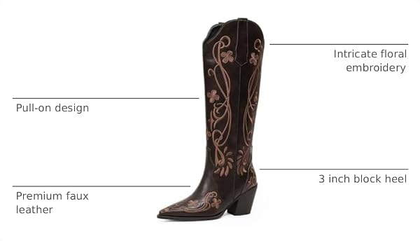 iiimmu Cowgirl Boots Women Knee High Vintage Cowboy Boots with Floral Embroidered Classic Pull On Design Western Footwear, Dark Brown, Size, 7 by iiimmu - Used condition - Image 2