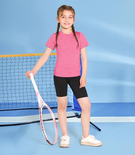Image of Girls Athletic Shirts Short Sleeve Quick Dry Fit Crew Neck Activewear Summer UPF 50+ Tees Tops for Kids Teens 3 Pack Grey+Light Blue+Rose Pink 13-14 Years