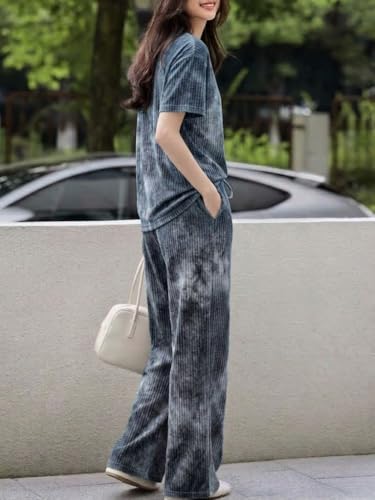 Image of SMOWKLY Korean Night Dress |Summer wear | Lounge Wear |Everyday Pyjama Set |Tie-dye Relaxed Fit Stylish Pajama Sets | Short Sleeve Top & Long Pant Sleepwear Pjs Lounge Set Co-ords Outfit with Pockets