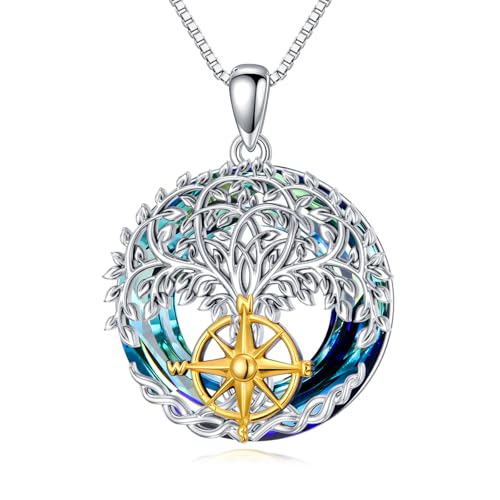 PROESS Lebensbaum Halskette 925 Sterling Silber Kristall Kompass Baum des Lebens Schmuck Wikinger Geschenke für Damen und Herren