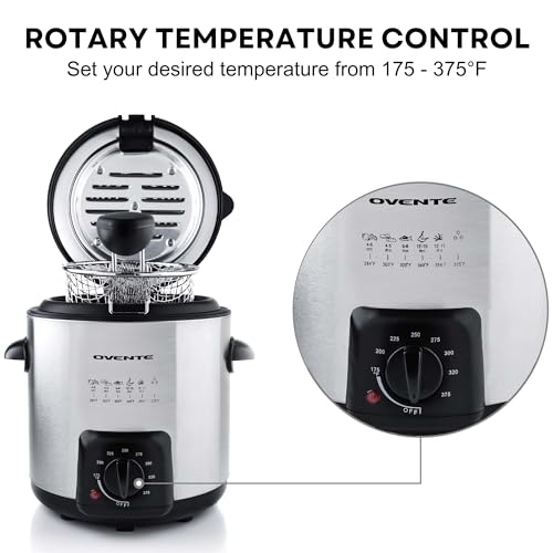 OVENTE Fritadeira elétrica com capacidade de 0,9 L com tampa de bloqueio, botão de temperatura ajustável, cesta de fritura removível e alça de toque frio, potência de 840 W, corpo de aço inoxidável - Imagem 3