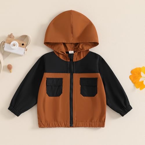Amnnchya Toddler Baby Boy Fall Winter Jacket Kids Lightweight Windbreaker Outerwear Color Block Hooded Sweatshirt Coat (Brown, 18-24 Months) - Thumbnail 2