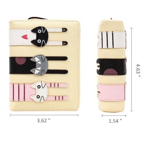 KOTORA Small Cute Wallet for Women Girls Short Bifold Clutch Bag Mini Cat Embroidery Zip Around Card Holder Coin Purse (Beige)2