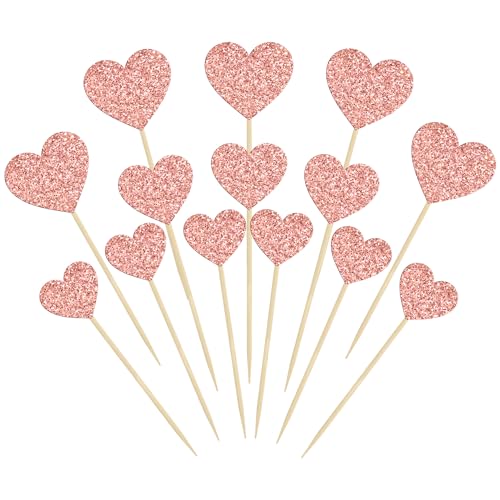 Gyufise 30Pcs Heart Cupcake Toppers Glitter Sweet Love Theme Cupcake Picks Valentine's Day Cake Decorations for Wedding Engagement Bridal Shower Birthday Valentine's Day Party Supplies Rose Gold