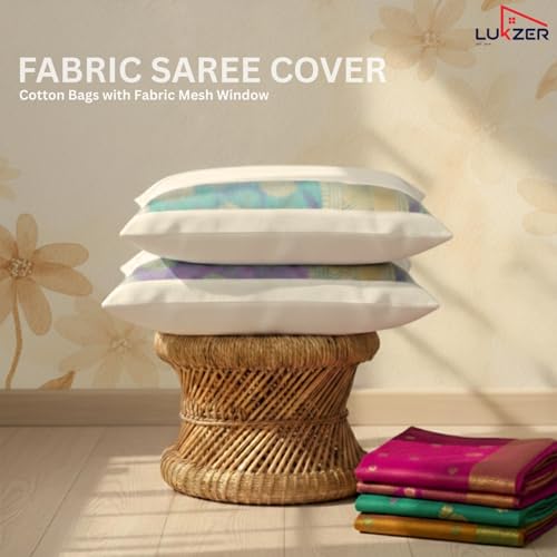 Image of Lukzer Single Cotton Saree Bags /Covers for Storage Set of 12 (16 x 14 Inches) Big Size with Zip Closure & Transparent Mesh Window Wardrobe Organizer for Sarees /Clothes /Lehenga /Dress Storage SSC-01-12