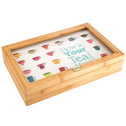 Levivo Boîte à thé / boîte à sachets de thé en bambou avec vitre et 8 compartiments, boîte à thé de style japonais - pour les sachets de thé, boîte à thé en bois naturel, préserve tout l'arôme de jusqu'à 8 sortes de thé en sachets Cover