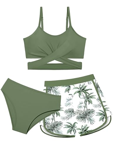 Image of Girls Swimsuit 3 Piece Bathing Suit Criss Cross Bikini Set Girls' Swimwear with Shorts 7-16T