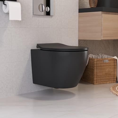Set de inodoro de pared negro, sin bordes, con dispositivo de descenso automático, asiento silencioso, cerámica lisa, 51,5 cm en forma de D para baño de invitados