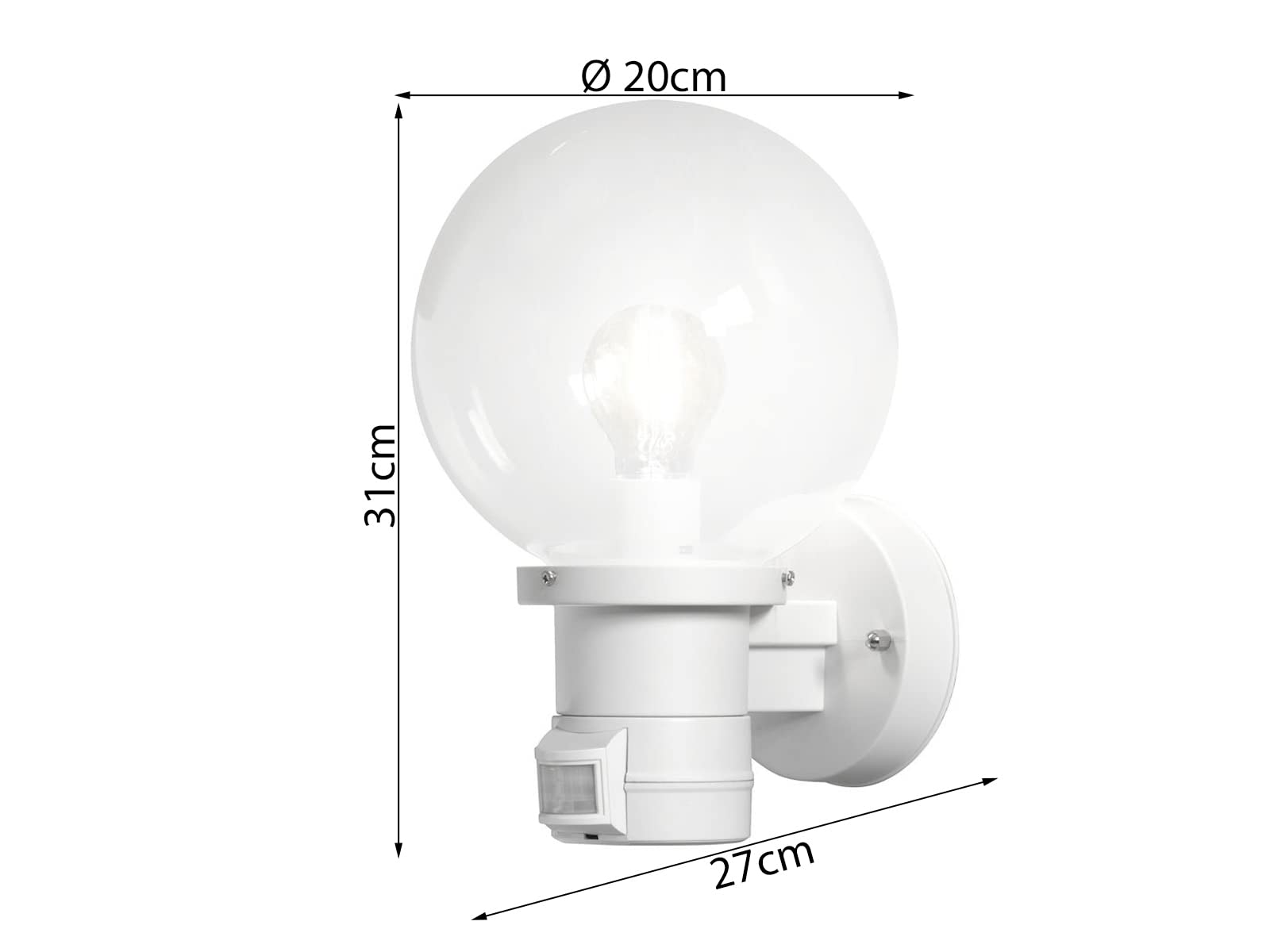 Moderne LED Außenwandleuchte mit Bewegungsmelder und großer Glas Kugel, Weiß