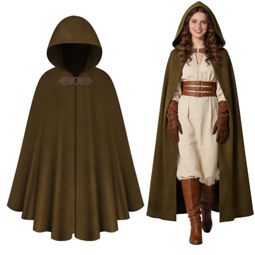 AOOWU Renaissance Kapuzenumhang Umhang Mittelalter Kleidung Unisex Umhang kostüm Cape Satin Umhang Kostüm Mantel für Halloween Weihnachten Karneval Kostüm Braun