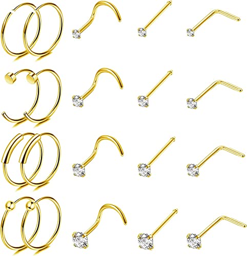 JeweBella 20 Piezas Piercing Nariz Acero Quirúrgico para Mujer Hombre Cartílago Piercing Oreja Anillos de Nariz Aro Septum Piercing Helix Conch Tragus Plata Oro 18G 20G 22G