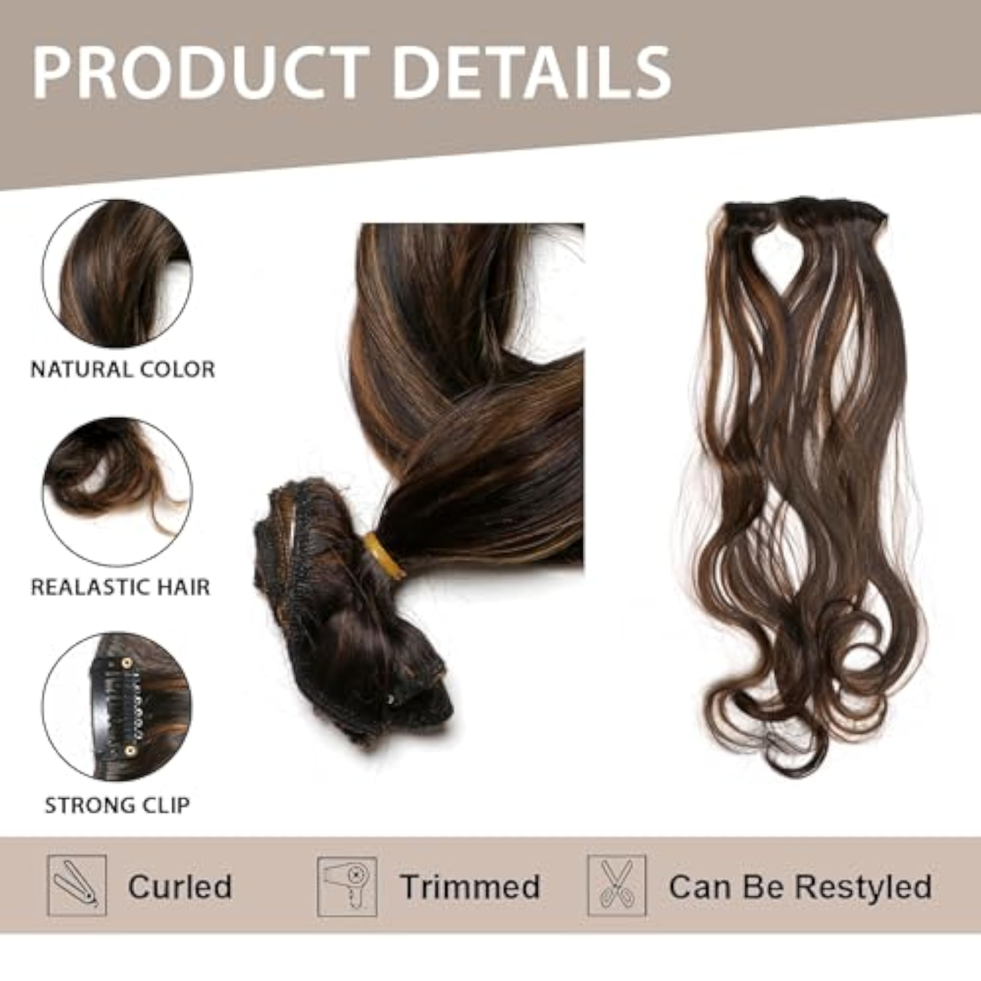 6 Pcs 24 Inch Curly Synthetic Full Head Wig Clip in Extensions, Golden Highlight