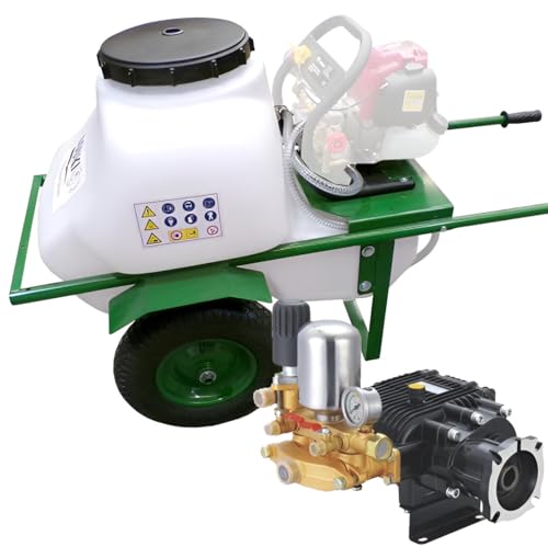 Carretilla fumigadora 100 litros con motor gasolina 6,5cv y bomba con 3 pistones 40bar 33ltr. Uso profesional intensivo. Sulfatadora para todo tipo de líquidos.