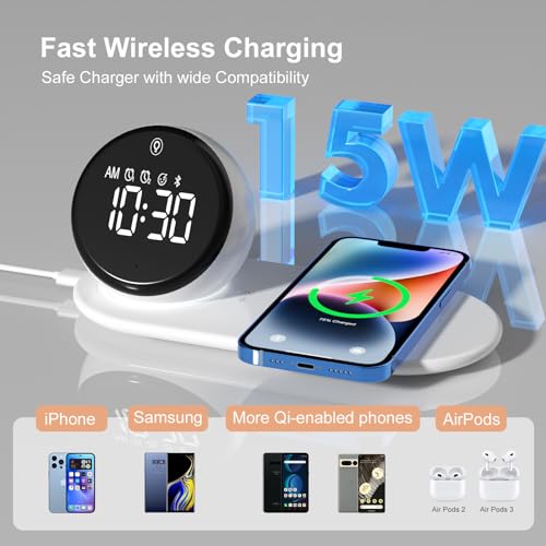 Alarm Clock with Wireless Charging 15W,Dimmable Night Light,Bluetooth Speaker,White Noise, Snooze,Digital Loud Bedside Alarm Clock for Heavy Sleepers Adults,Girls Boys Gifts Ideas