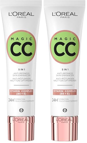 L'Oréal Paris - CC Crème 5-en-1 - Crème Universelle Anti-Rougeurs - Enrichie en Vitamines B5 et E - Hydratation 24H - Peaux Sensibles et Peaux Grasses - Magic CC Crème - Teinte Universelle - 30 ml