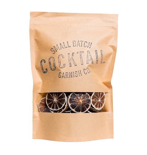 A jar of dehydrated lime wheels for cocktail garnish.
