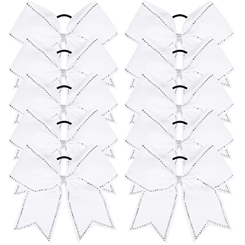 Deeka 10 Pcs 8" Rhinestones Large Cheer Hair Bows Glitter Cheer Ponytail Holder Handmade For Teen Girls Softball Cheerleader Sports -White #TOP5