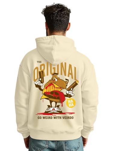 Image of Veirdo Cotton Fleece Regular Fit Hooded Sweatshirt Lastest Back Graphic Printed Winter Hoodies for Men (Available Colors: Marine Green, Marshmellow, Black, SOYA Bean, Orange & Blue)