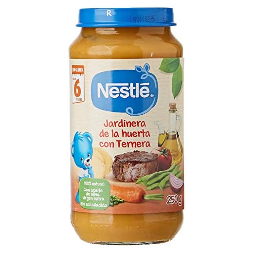 Nestlé Purés Tarrito de puré de verduras y carne, variedad Jardinera de la huerta con Ternera - Para bebés a partir de 6 meses - Paquete de 6 Tarritos de 250g