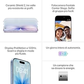 Apple iPhone 17 256 GB: display 6,3" con ProMotion, chip A19, fotocamera frontale Center Stage per selfie di gruppo più facili, più resistenza ai graffi, un giorno intero di batteria; Lavanda