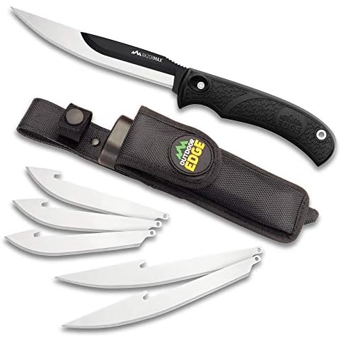 OUTDOOR EDGE RazorMax - Replaceable Fixed Blade Hunting Knife with 3.5" Drop-Point, 5" Boning/Fillet Blades, Belt Sheath and Detachable Blade Carrier (Black, 6 Blades) Cover