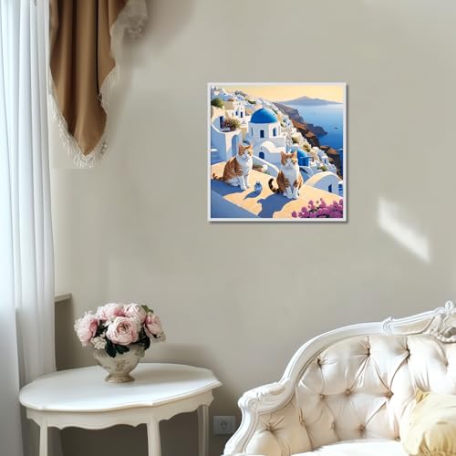 Image of AiYuanzsh 5D Diamond Art Kits for Adults Beginners, Santorini Greece Cat Diamond Painting Kits for Adults, DIY Full Round Drill Paint by Diamonds Dot Gem Art Paintings for Home Wall Decor 13.8 inchx13.8 inch