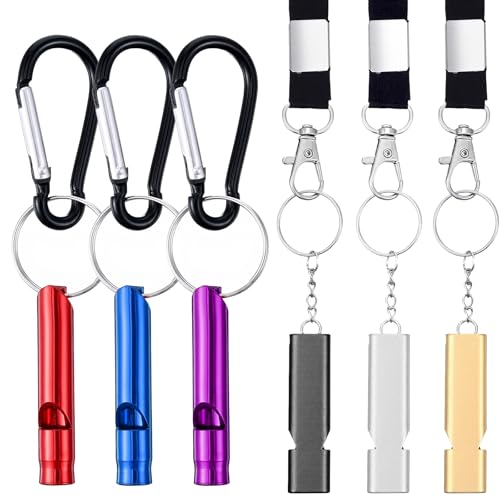 Ptwola 6 Pcs Emergency Whistle Set Double-Tube Camping Whistles Aluminum Keychain Whistle Loud Blast Hiking Whistles with Lanyard Carabiners for Adults Coaching Boating Hunting Camping