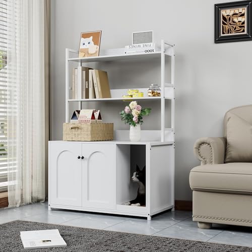 Large Litter Box Enclosure with Shelves, 52'' Hidden Cat Kitty Litter Furniture Corner Cats Bookshelf for Living Room, Bedroom, Cat Box Enclosure Cabinet with Scratch Pad White