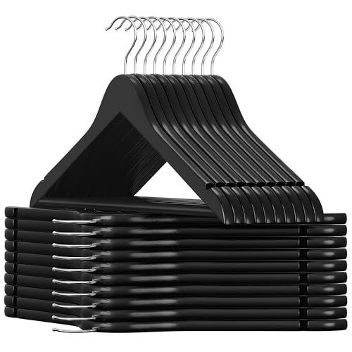 SONGMICS Wooden Clothes Hangers Set of 20 Solid Wood Hangers Notches in the Shoulder Area Non-Slip Trouser Bar 360 Rotating Hook for Suits Shirts Black/Silver CRW02B-20