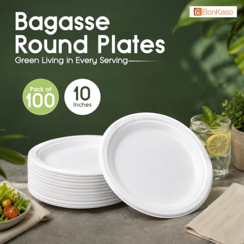 Image of Bonkaso 10 Inch, Pack of 100 Bagasse Disposable Round Plates (White)| Eco-Friendly Sugarcane Paper Plates | Biodegradable, Compostable & Sturdy | Ideal for Snacks, Desserts, Parties, Weddings & Events