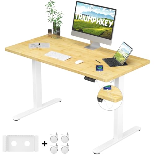 TRIUMPHKEY Elevable Eléctrico de BAMBÚ con Tablero Entero 120x60cm, Standing Desk con 4 Alturas de Memoria de Elevación y Ruedas, Mesa con 2 Motores, Capacidad de Carga 100KG para Oficina y Hogar