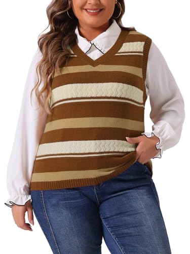 Image of Agnes Orinda Plus Size Sweaters for Women Sleeveless V Neck Striped Knit Casual Pullover Sweater Vests