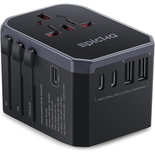 EPICKA Universal Travel Adapter, International Power Adapter with 2 USB-A & 3 USB-C Ports Wall Charger – Worldwide Travel Essentials, European Travel Plug Adapter for UK/US/AU (TA-105C, Black)