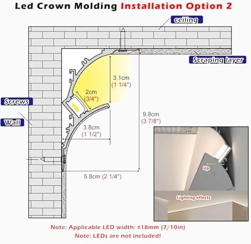 LED Strip Light Crown Molding with 90-Degree Connector, Aluminum Trim for Seamless Mounting, Plaster-in Design for Elegant Home Lighting Solutions