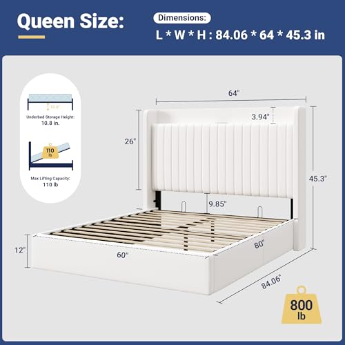 Image of Allewie Queen Size Lift Up Storage Bed Frame,Storage Shelf Headboard with Charging Station,Type-C and USB Ports,Hydraulic Support,Velvet Upholstered Bed Frame,No Box Spring Needed,White