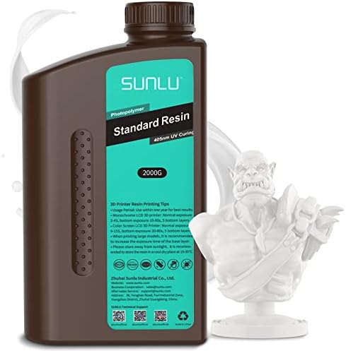 SUNLU 3D Printer Resin, 2000g Standard Photopolymer 405nm UV Curing Resin for 4K/8K LCD/DLP/SLA Resin 3D Printer, 3D Printing Liquid Fast Curing Resin, High Precision, Low Shrinkage, 2KG, White