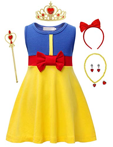 WonderBabe Toddler girl princess dress dress with crown, magic wand, necklace, earrings, ring (Yellow Dress+Accessories, 1-2 Years)