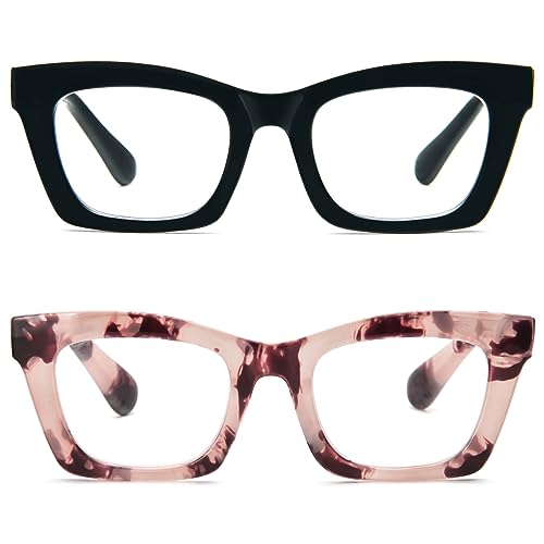 Kodilin 2 Pacco Occhiali da Lettura Vintage Oversize Square Frame Grande Retrò Quadrati Rettangolar Anti Luce Blu per Donna Cerniera a molla Nero+Tartaruga Rosa 2.0