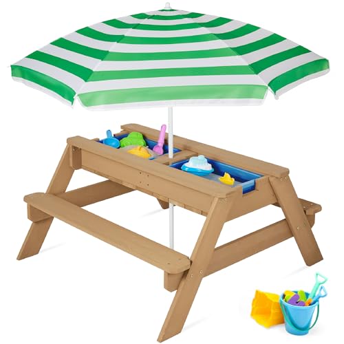 Best Choice Products Kids 3-in-1 Sand & Water Activity Table, Wood Outdoor Convertible Picnic Table w/ Umbrella, 2 Play Boxes, Removable Top - Green