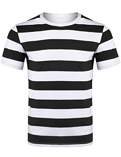Sykooria Mens Basic Striped T-Shirt Crew Neck Cotton Vintage Couple Casual Halloween Slim Fit Stripes Top Tees S-XXL(Black White-Short-2,X-Large)