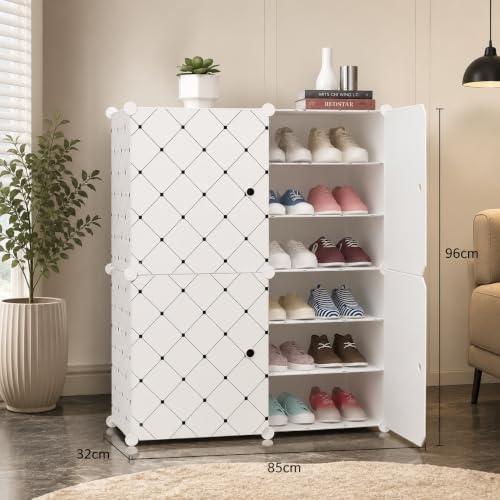 Image of LUVHOMEE Plastic Shoe Rack for Home with Door, 4-Door Shoe Storage Cabinet | 12-Shelfs for 24 Pairs | Waterproof & Portable DIY Shoe Slipper & Chappal Stand for Entryway /Bedroom (White-A6)