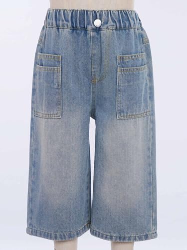 Kids Girls Pull On Cropped Denim Pants High Waist Straight Wide Leg Jeans Trousers with Patch Pockets3