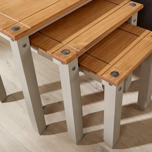 Home Source Solid Pine Wood Nest of Tables, Set of 3 for Living Room, Grey Finish 2 Home Source Solid Pine Wood Nest of Tables, Set of 3 for Living Room, Grey Finish - Image 2
