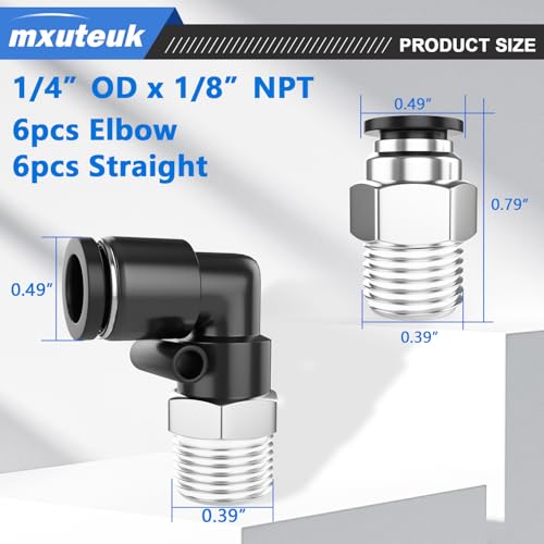 Image of mxuteuk Push to Connect Fittings,1 /4 inch OD to 1 /8 inch NPT Air Hose Fittings,1 /8 inch Quick Connect Fittings,Pneumatic Elbow and Straight Combination(12PCS)