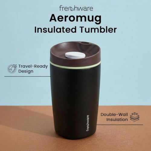 Image of Frenchware AeroMug Insulated Stainless Steel Coffee Tumbler, 450 ml | Smooth Sip Slider, Reusable, Hot & Cold Coffee Travel Mug, Carbon Black